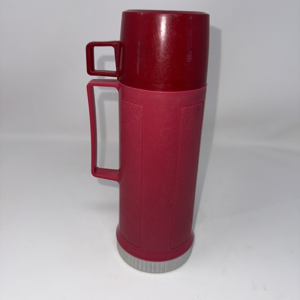 Vintage Thermos Red Insulated Travel Work Coffee Holder With Cup 10 In Hot Cold